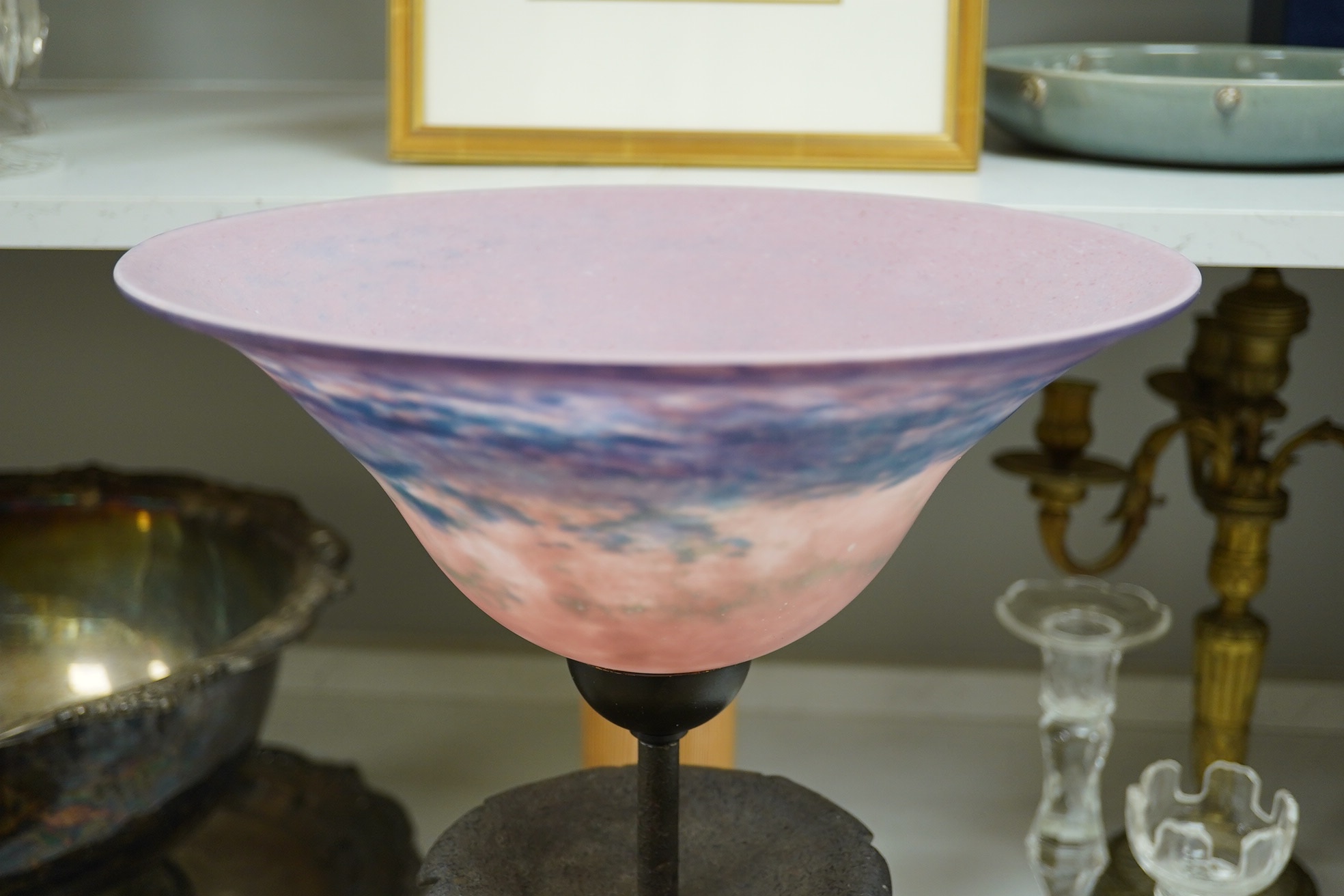 A French wrought iron table lamp accompanied with pink & blue Pate-de-Verre shade, circa 1950's, wired, 50cm high, shade 31cm diameter